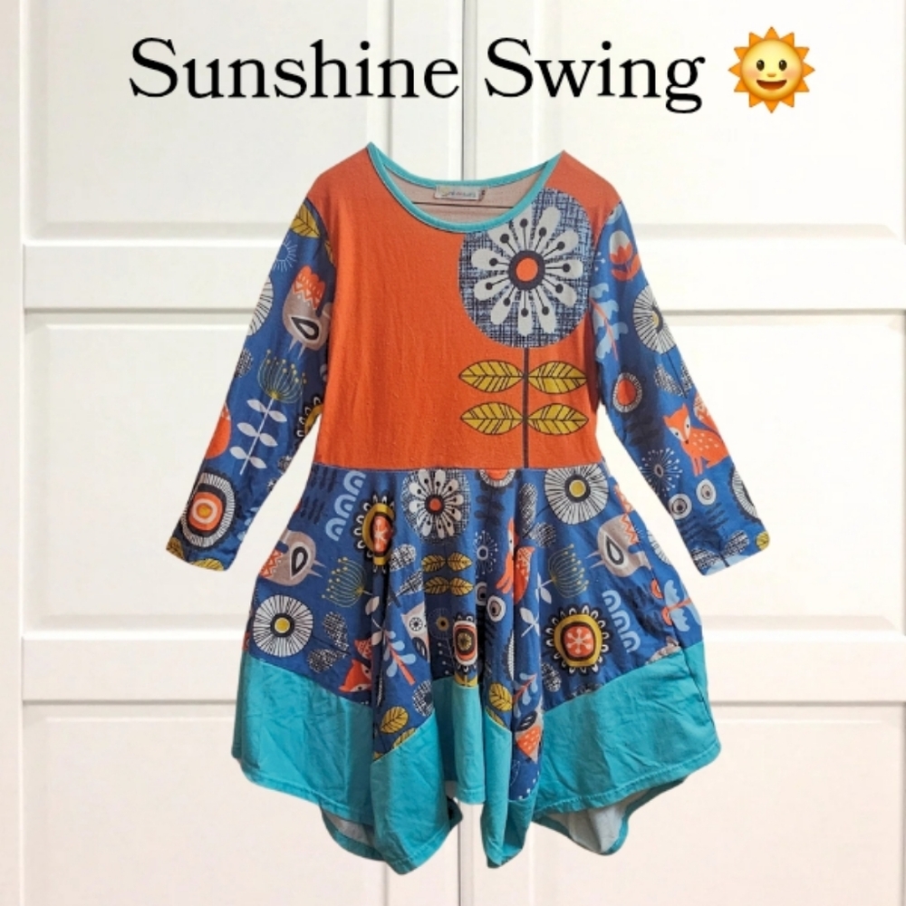 Sunshine Swing Fox & Owl Fall Dress Girls Size 10 Orange Blue Daisy